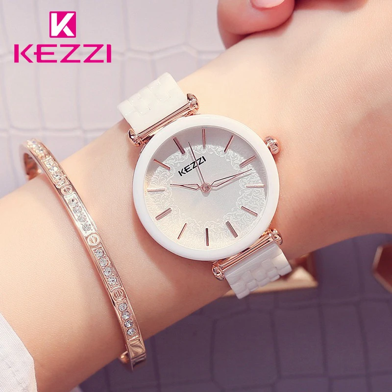 Acheter Kezzi Marque Montres En Céramique Blanc Fleur Quartz Montre Étanche Bracelet Montre Bracelet Pour Les Femmes Horloge montres femmes