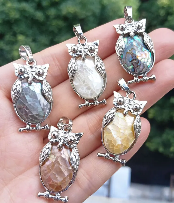 

Owl Pendant Natural Abalone shell White Yellow Black Brown Shell bead Energy Reiki Healing Amulet