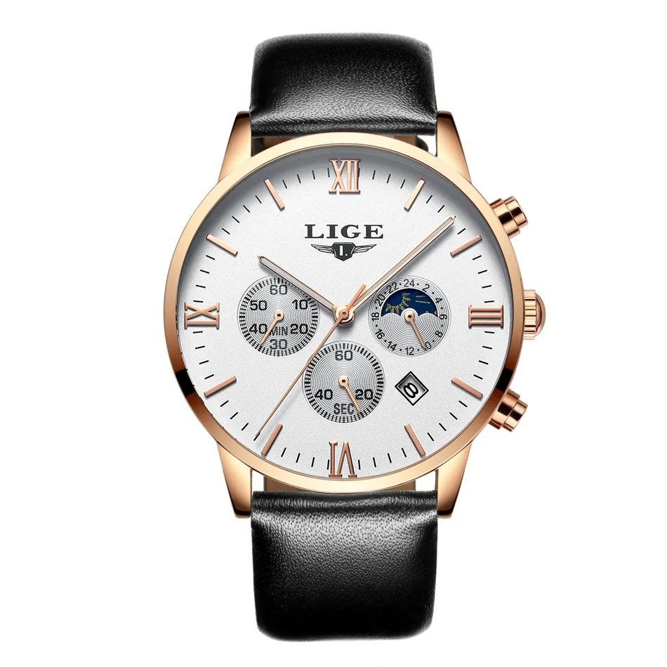 Модные мужские часы LIGE от ведущего бренда, Роскошные мужские часы в Военном Стиле, спортивные часы с хронографом, наручные часы, мужские кварцевые часы - Цвет: gold white