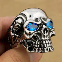 Linsion titan azul cz eyes enorme pesado acero inoxidable 316l skull mens boys anillo del motorista del punk rock 3a101 ee. uu.