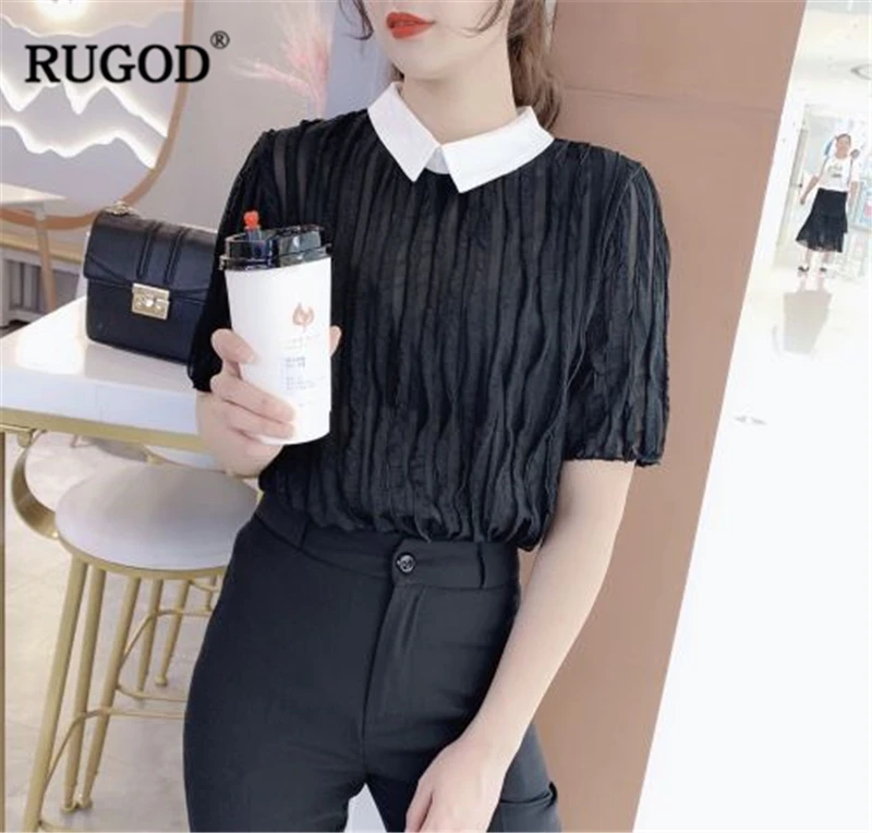 

RUGOD 2019 New Arrival Women Solid Shirt Turn-down Collar Half Sleeves Pleated Fairy блузка женская Modis Mujer