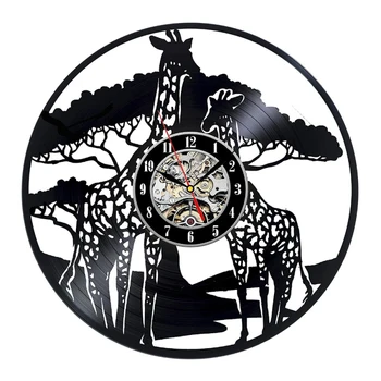 

3D Cute Animal Giraffe Safari ThemeVinyl Record Wall Clock CD Record Clock Home Decor Handmade Antique Style Hanging LED Clock