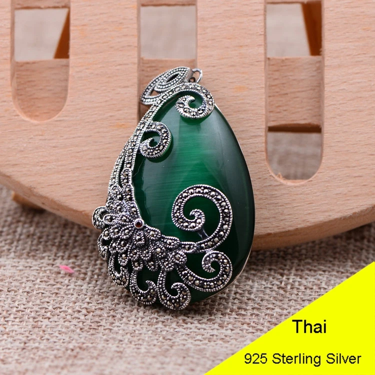 

Green Opal & Red Garnet 925 Sterling Silver Retro PeacockMarcasite Necklace Pendant Women Thai Silver Fine Jewelry Gift CH028846