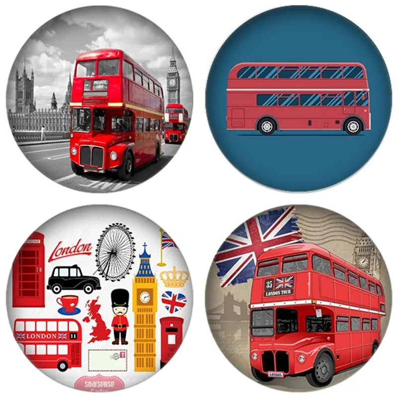 

ZDYING 5pcs Vintage Red London Bus Round Glass Cabochon Dome Demo Beads Flat Back Making Findings For Keychain Necklace Brooch