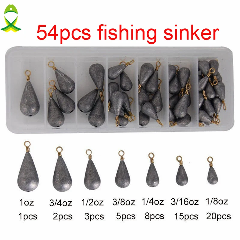 JSM 54pcs Lead Fishing Sinker With Ring Carp Fishing Water Drop Shaped