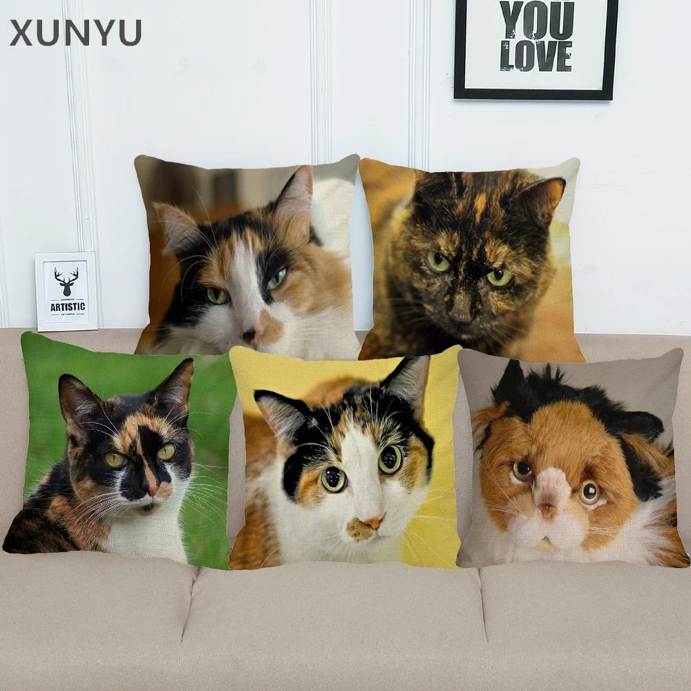 

XUNYU Tortoise Shell Cat Pattern Linen Pillow Case Sofa Square Decorative Pillow Cover Animal Cushion Cover 45X45cm AC012