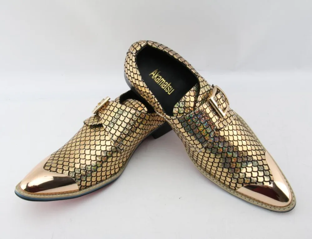

Akamatsu Luxury Sequins Gold Fish Scale Prints Men Shoes Buckle Belt Formal Party Monk Shoes Pointed Metal Toe Dress Shoes