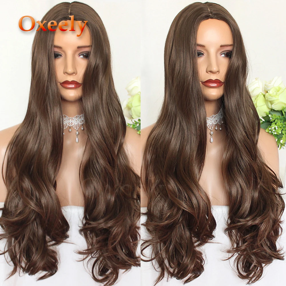 Oxeely Brown Long Wavy Hair Synthetic Full Wigs 8 Body Wave Silk