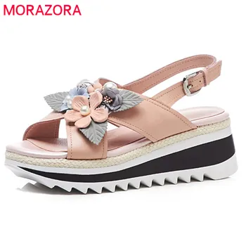 

MORAZORA 2018 genuine leather sweet flowers summer shoes simple buckle fashion platform shoes party wedding wedges shoes woman