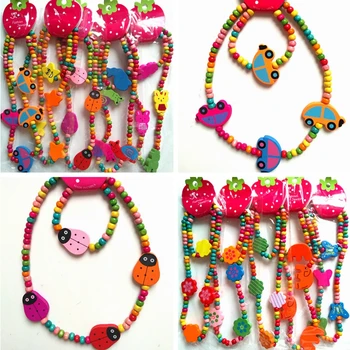 

72pcs (36 sets) Kids Jewerly set Girls Party Bag Fillers Children Colorful Wood Beads Elastic Bracelets Sweet Lovely Necklace