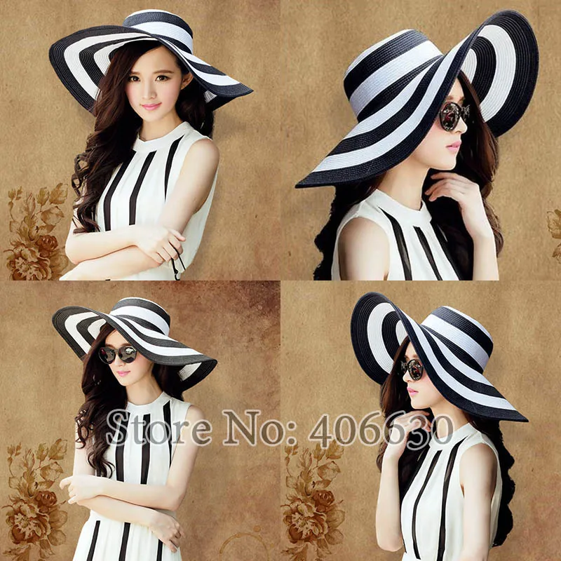 Летняя женская соломенная шляпа с большими полями, Пляжная соломенная шляпа в черно-белую полоску, плетеная шляпа SDDS005