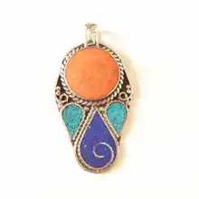 TBP483 непальская рука Винтаж Прекрасный кулон медь инкрустация красочные каменные подвески