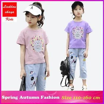 

Liakhouskaya 2019 Summer Children Girl Kid Clothes Fashion Print Clothing Set For Girls Outfits Teenage Child T-shirt+denim Pant