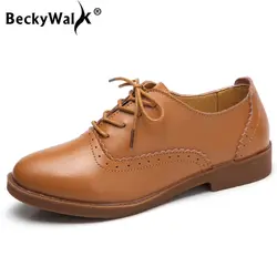 BeckyWalk/Женские оксфорды в британском стиле обувь на плоской подошве и на шнурках Для женщин натуральная Повседневная кожаная обувь женская