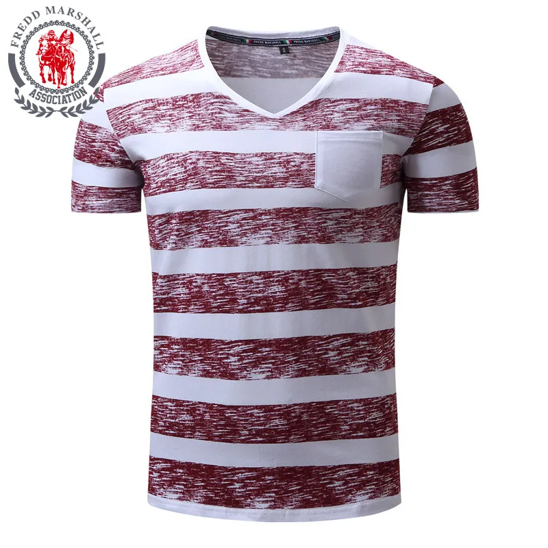 

FREDD MARSHALL Fashion Men's Striped Print T Shirt 2018 Casual Men V Neck Short Sleeve Tee Shirts Male T-shirt Tops Euro Size