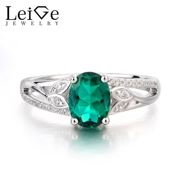 

Leige Jewelry Emerald Ring Promise Ring May Birthstone Oval Cut Green Gemstone Solid 925 Sterling Silver Gifts Leaves Shape Ring
