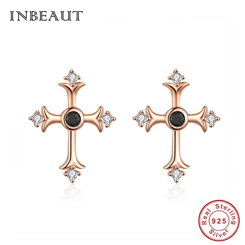 

INBEAUT 925 Sterling Silver White&Black Round Zircon Cross Stud Earrings for Women Rose Gold CZ Cross-shaped Earrings for Party
