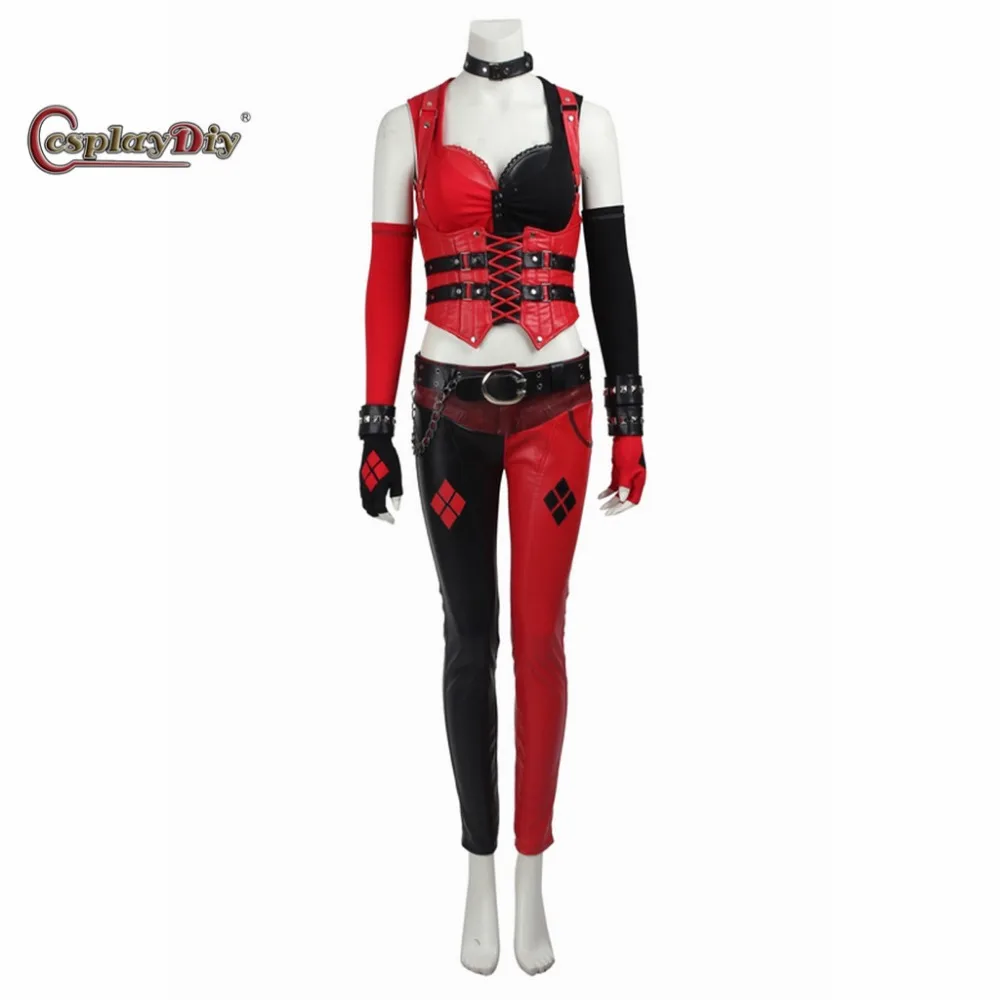 Cosplaydiy Arkham Cavaleiro Harley Quinn Cosplay Traje Vermelho e Preto Sexy Mulheres Halloween Outfit Custom Made J5