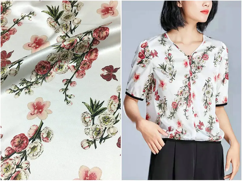 

New peach blossom printing red silk satin fabric 19mm summer silk shirt cheongsam kimono fabric fashion bedding materials