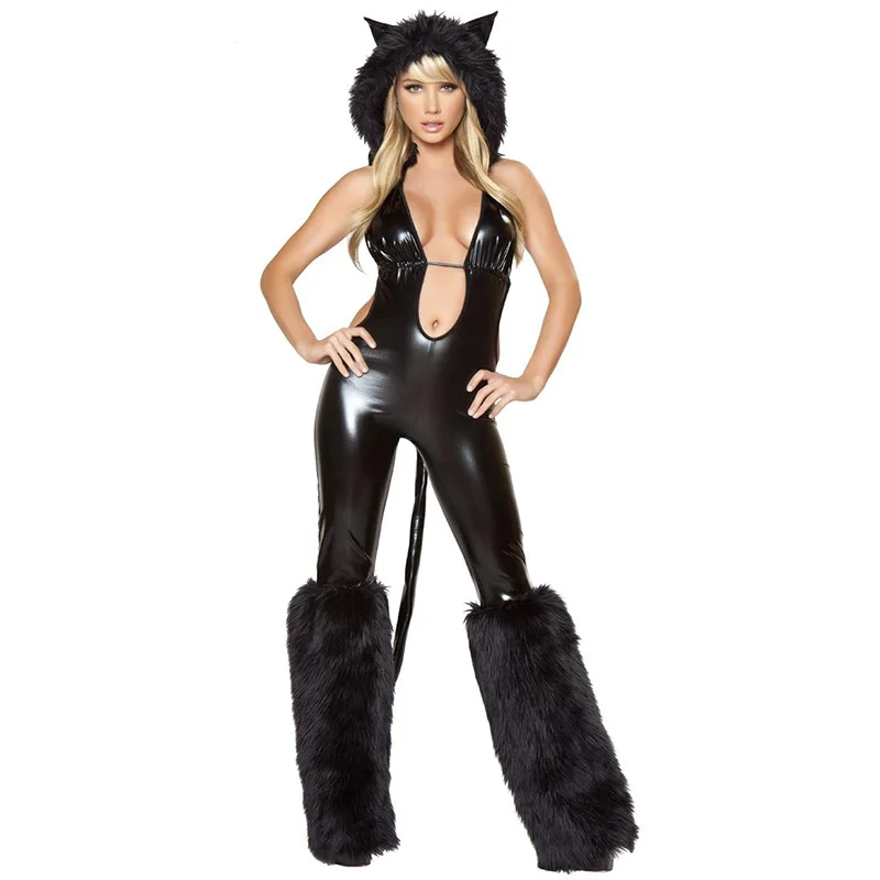2017 New Sexy Halloween Costume For Women Vinyl Jumpsuit With Hat Role-Playing Games Wolf Cosplay Sexy Costumes (5)