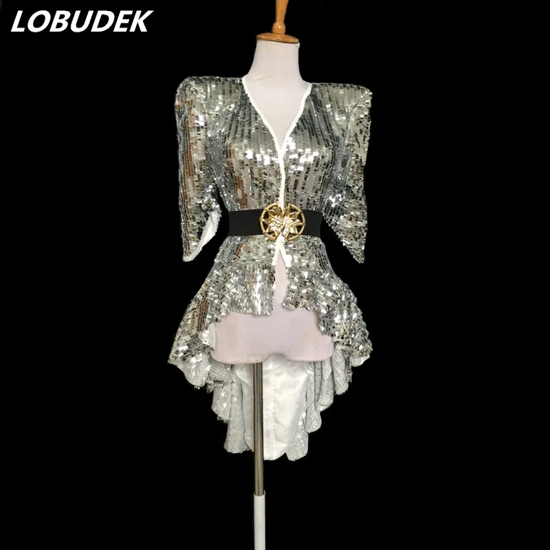 

Silvery sequins Tailing costumes Punk style Tuxedo performance clothing swallow-tailed coat Dance troupe Jazz show stage Outfits