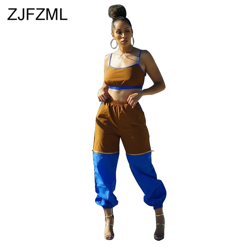 

Contrast Color Sexy Birthday Outfits for Women Spaghetti Strap Backless Crop Top + Patchwork Loose Trousers Fitness Summer Set