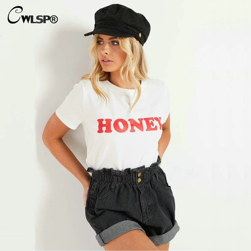 CWLSP Женская летняя футболка топы с надписью HONEY Повседневная хлопковая Футболка