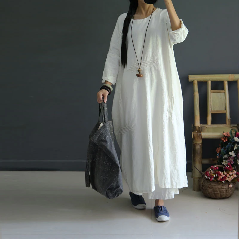 

Johnature Women Maxi Dress Vintage 2019 Autumn New O-Neck Cotton Linen Robes Chinese Style Plus Size Women Clothes Long Dress