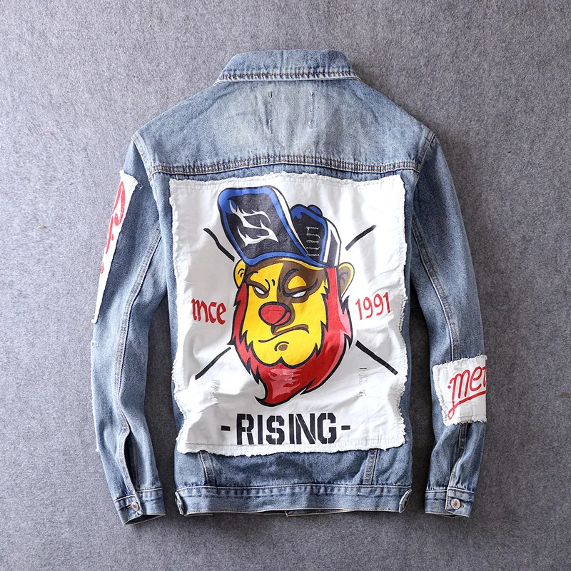 

2018 Autumn Winter Men Jacket High Street Hip Hop Coat Blue Printed Pattern Spliced Punk Style Youth Fashion Denim Jacket Men