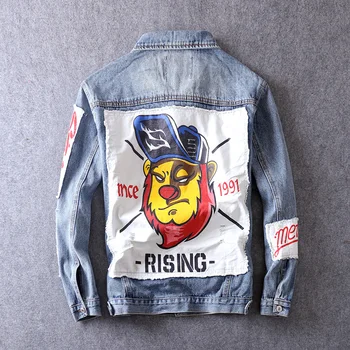 

2018 Autumn Winter Men Jacket High Street Hip Hop Coat Blue Printed Pattern Spliced Punk Style Youth Fashion Denim Jacket Men