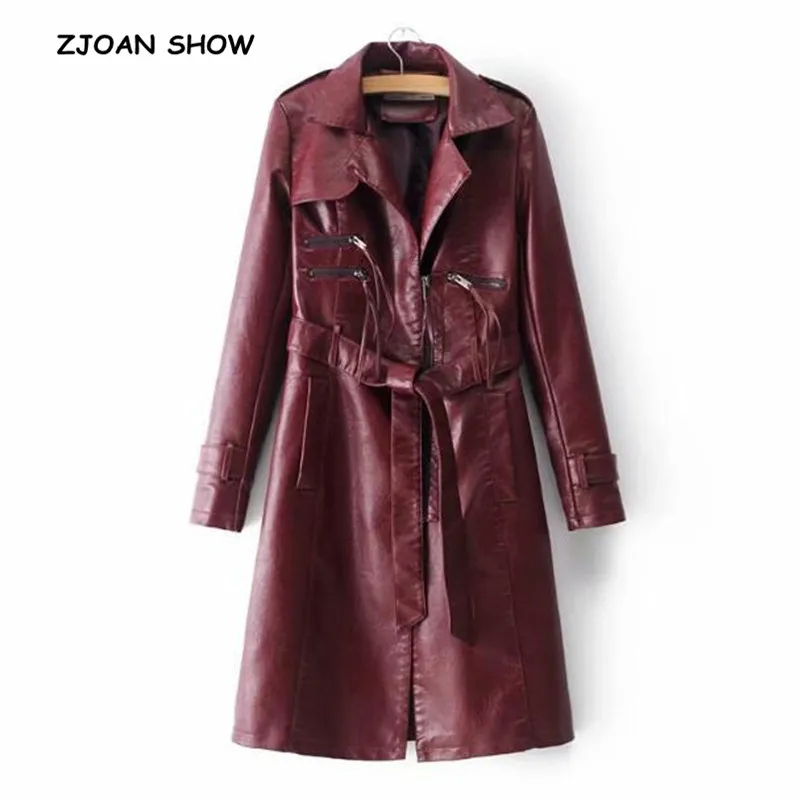 

4 Solid Color PU Leather Trench 2018 Women Lapel Bow Lacing Up Sashes Pockets Maix Long Faux Leather Jacket Coat Outerwear Tops