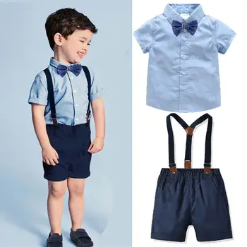 

Toddler Boy Outfits Baby Boy Kids Gentleman Suit Summer Solid Short Sleeve Bow Tie shirt Tops Overall Shorts Outfits