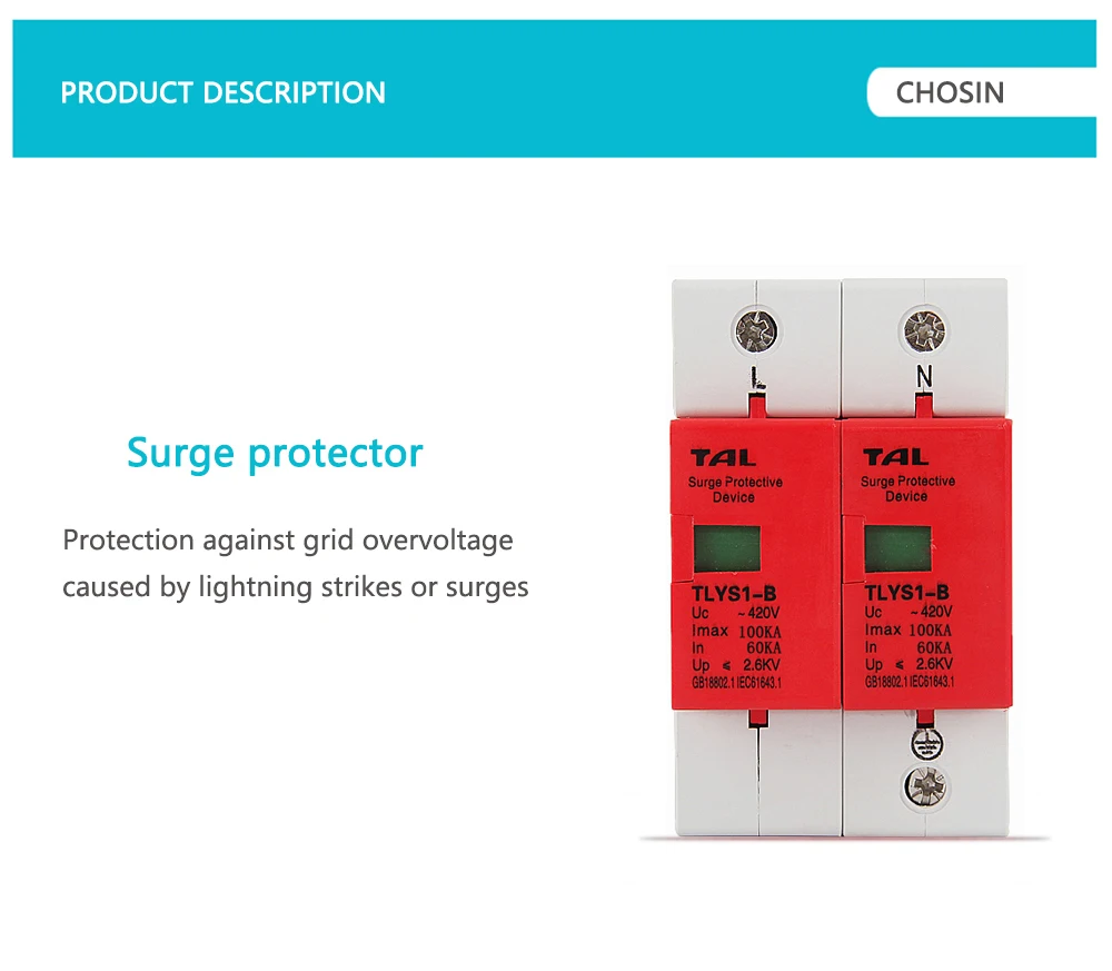 Защита от перенапряжения B100-2P 60KA~ 100KA 275 V 385 V 420 V AC Spd House защитное Низковольтное предохранительное устройство 1 P+ N защита от молнии