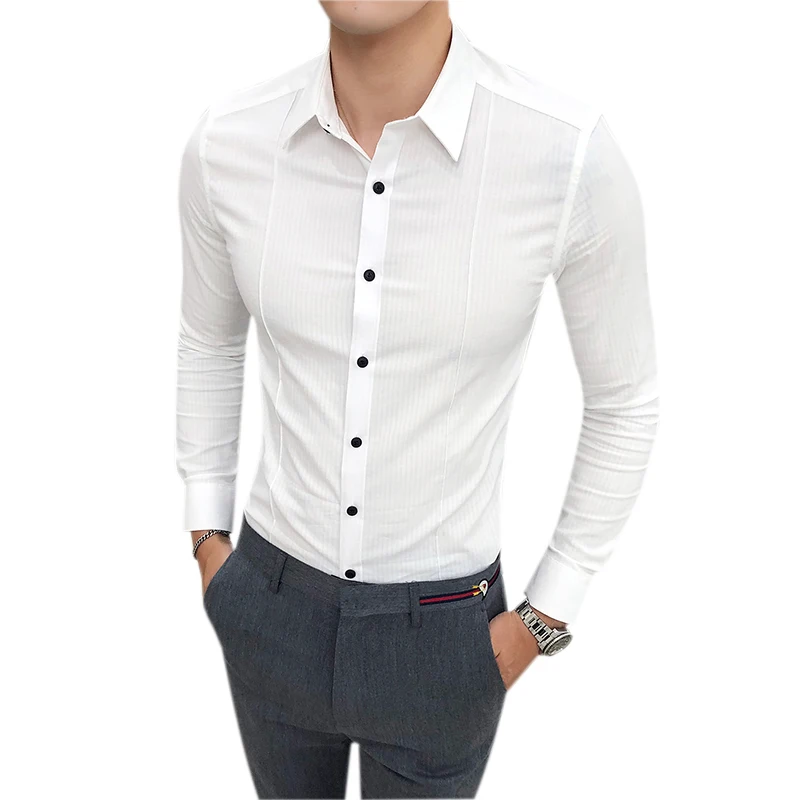 

High Quality Solid All Match Shirt Men Brand New Slim Fit Casual Social Shirts Men Clothes 2019 Long Sleeve Formal Wear Tuxedo