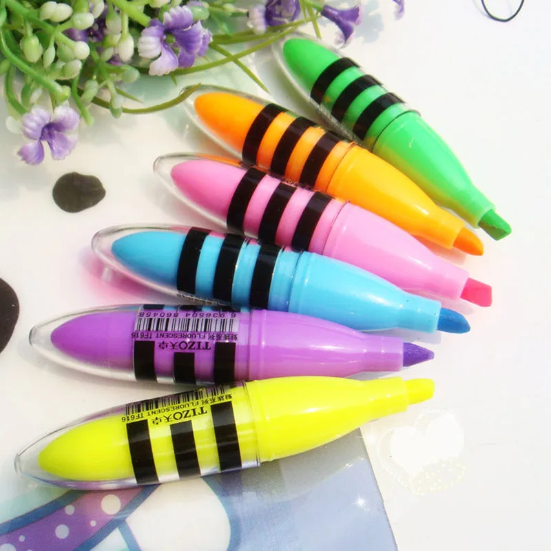 

6 Pcs/set Cute Bee Mini Highlighter Pen 6 Colors Highlighters Marker Pens Kawaii Stationery Material School Supplies