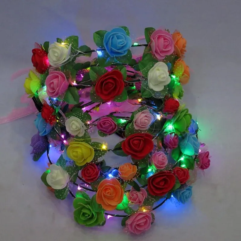 Women Girls Lighted Flashing Rose Flower Headband Garland Headwear Wedding Hair Glow Party