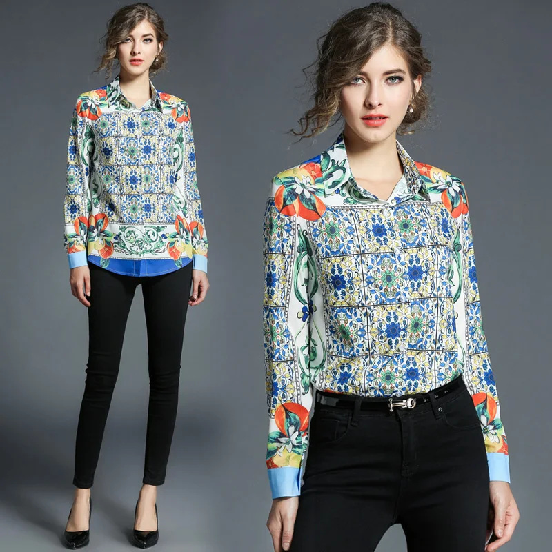 

2018 Spring Autumn New Women Long Sleeve Shirt High Quality Retro Graphic Print Runway Shirt Vintage Blouse Camisa Feminina