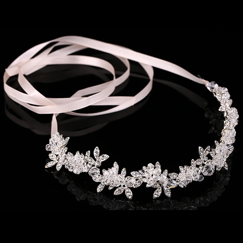 Handmade Silver Floral Crystal Beads Ribbon Headband Rhinestone Bridal Hair Band For Women Wedding Party Accessories | Украшения и