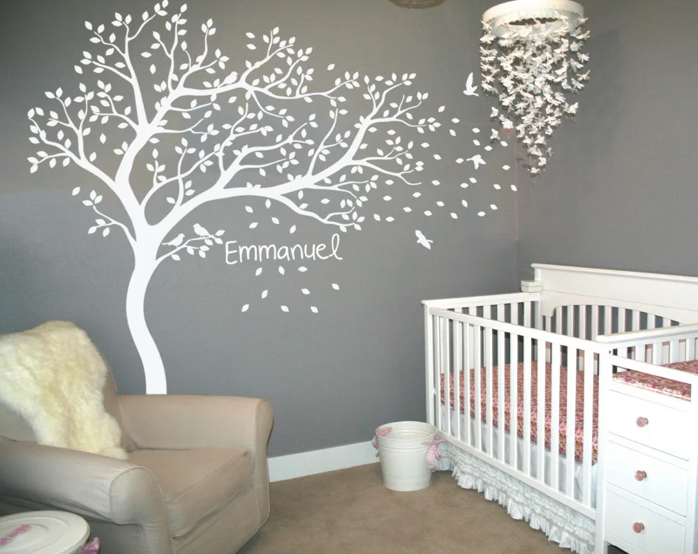 Personalized Name Large White Tree Wall Decals Flying Birds Tree Wall Decals Flying Birds