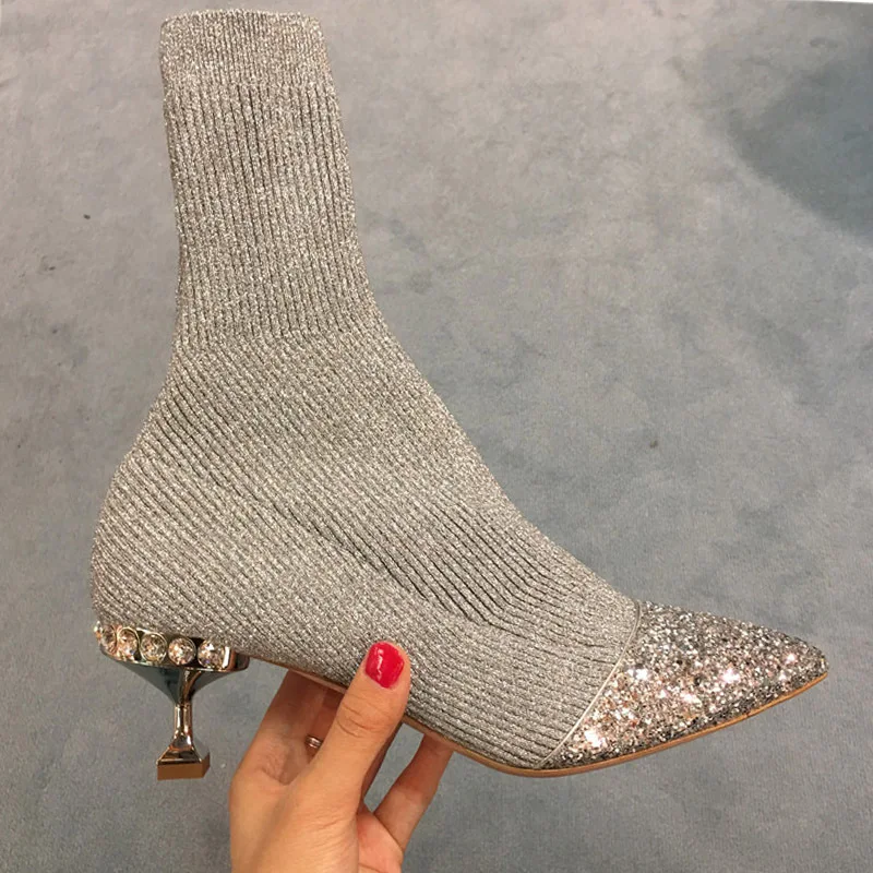 

2019 Brand New Knitting Shoes Woman Boots Women Women Boots Ankle Platform Boots Sock Boots Pointed Toe Slip-On Spike Heels