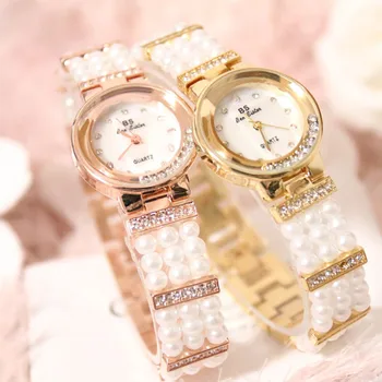 

Quartz Movement Ladies Pearl Chain Watch Full Pearl Mother-Of-Pearl Bracelet Round Rhinestone Dial Watch