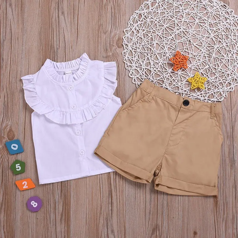 

Baby Girls Clothes Sets White Sleeveless T-shirt Tops+Shorts Suits Costume 2pcs Set