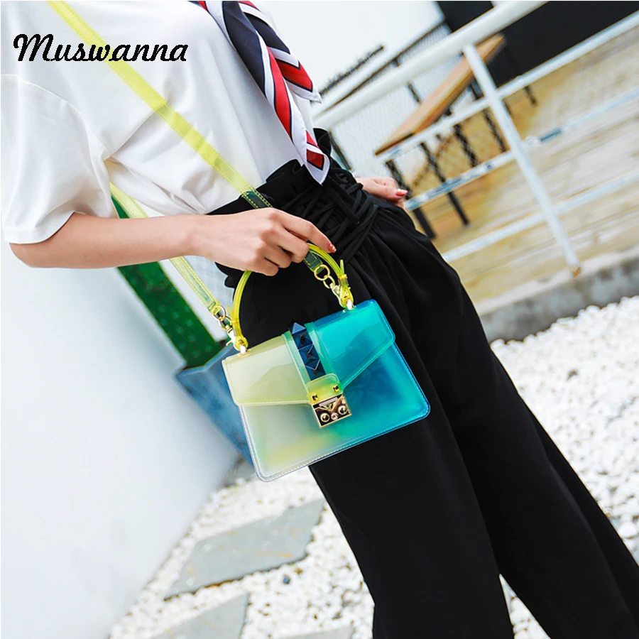 واضح شفاف PVC حقائب كتف أعلى مقبض برشام التدرج هلام أكياس مصمم Crossbody حقيبة الحلوى اللون صغيرة رفرف حقيبة محفظة