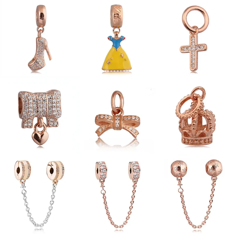 

Rose Gold Pave Shining Elegance Pan Insignia Crystal Safety Chain Beads Fit Pandora Bracelet 925 Sterling Silver Charm Jewelry