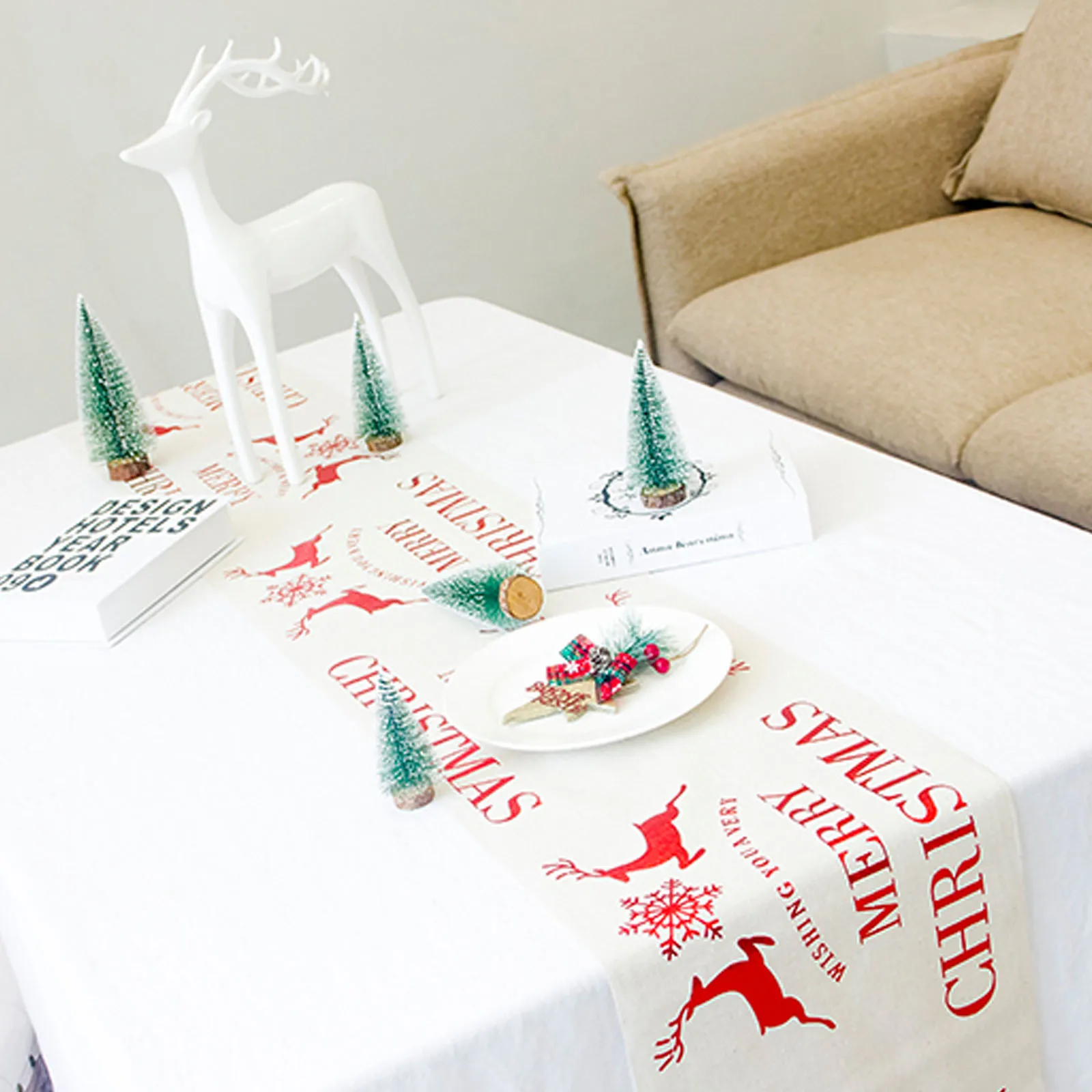 28x270cm White Red Snowflake Elk Pvc Table Runner Christmas Table