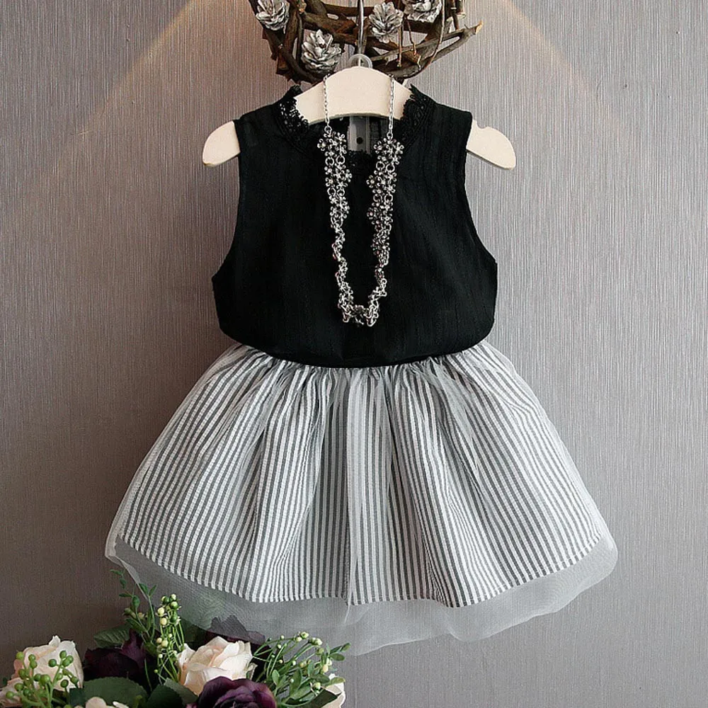 Baby kid girl 2 piece suit skirt + striped skirt suit baby kid girl