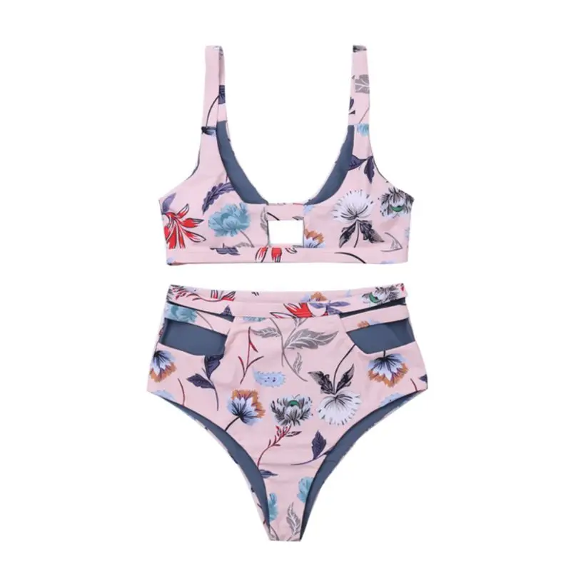 

Women Sexy Two Piece Bikini Set Bohemian Vintage Floral Printed Swimsuit Hollow Out Color Block Reversible High Waisted Thickene