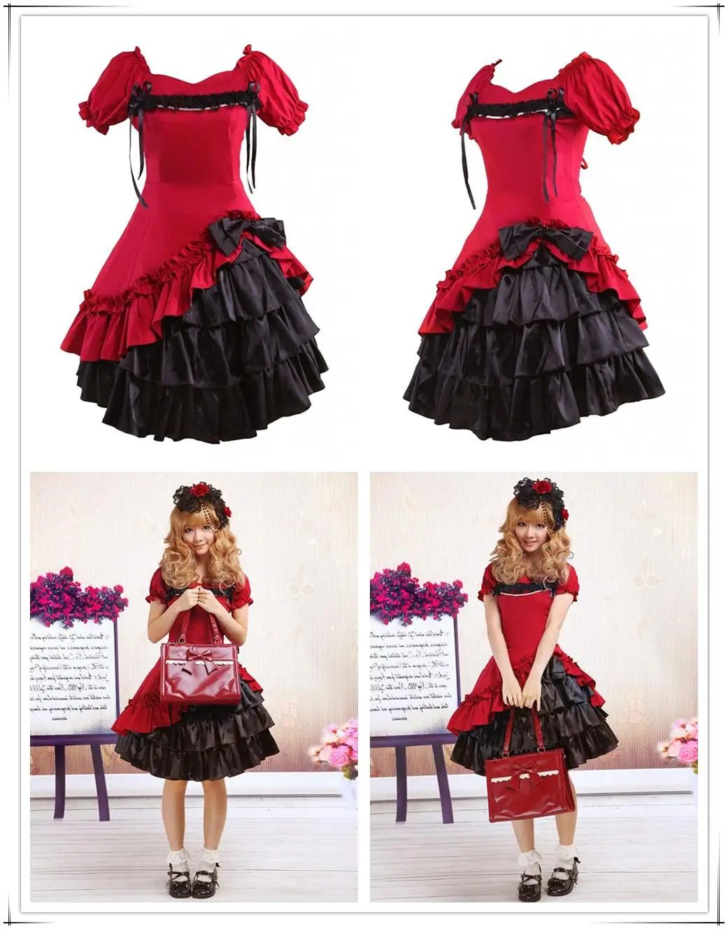 Ainclu платье лолиты женское милое темно-красное хлопковое платье с короткими рукавами в стиле Лолиты готическое вечернее платье в стиле "Лолита" XS-XXL