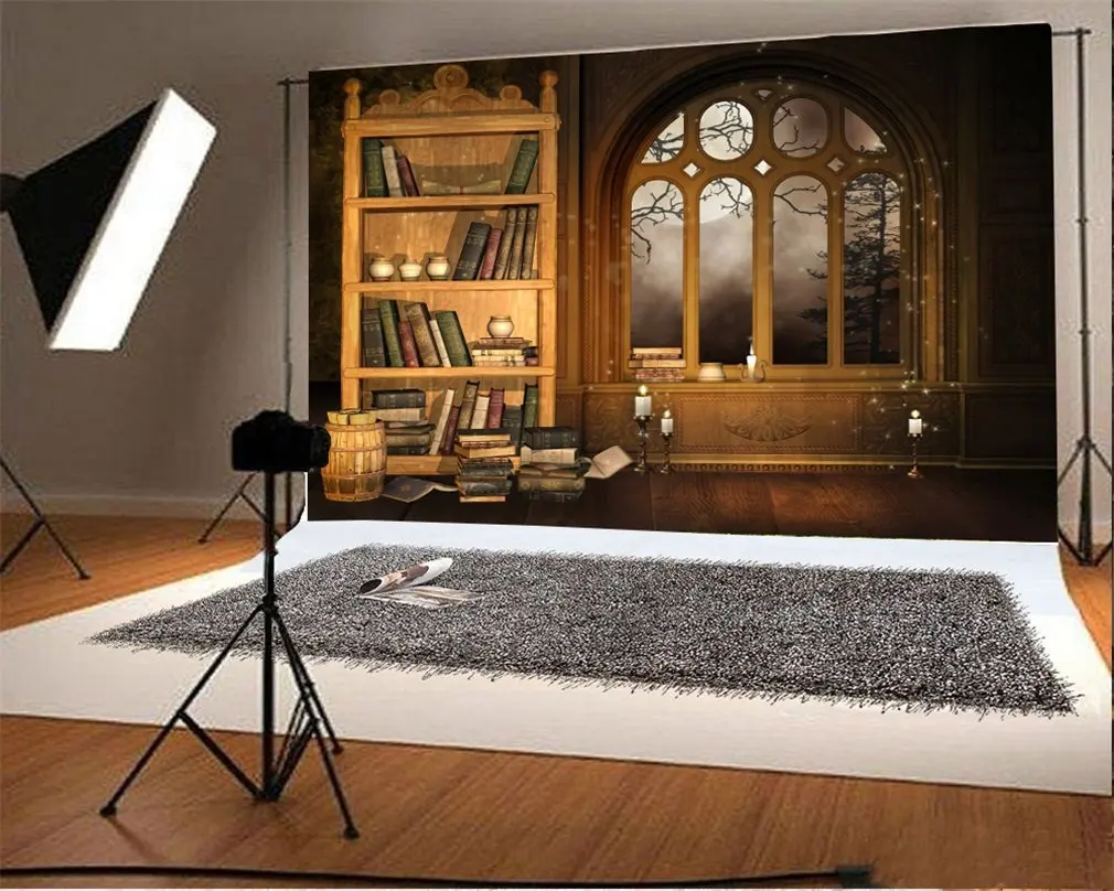 

Photography Backdrop Bookshelf Library European Style Books Candles Arch Window Moon Night Interior Photo Background