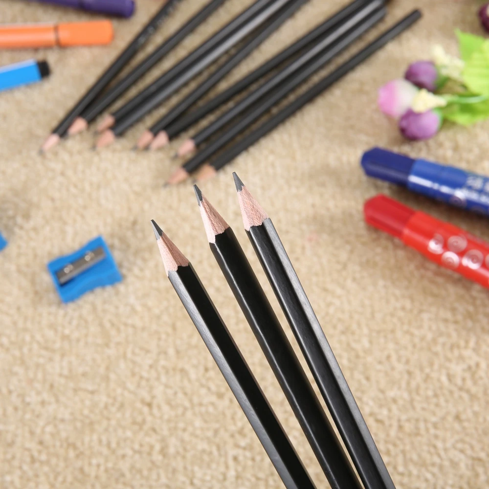 12pcs Black Hexagonal Wooden Pencil Top-quality Graphite HB 2B 2H Pencil For School Office Supplies